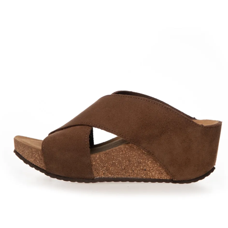 Copenhagen Shoes Sandaler Med Kilehæle*FRANCES 23 Suede - DARK BROWN (MARRONE 417) Frances23 suede slippers dark brown marrone 417