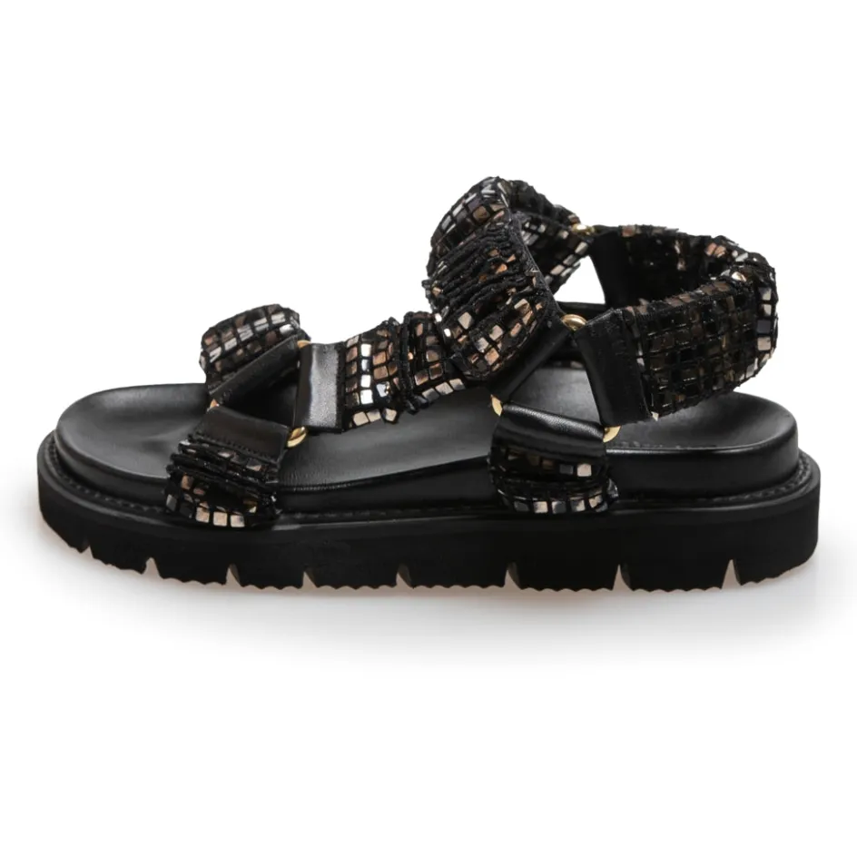 Copenhagen Shoes Flade Sandaler*KEEP WALKING - GLITTER - GLITTER BLACK/GOLD Glitter black gold